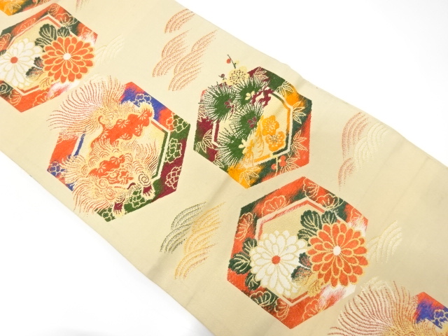 JAPANESE KIMONO / ANTIQUE MARU OBI / WOVEN LION & KIKU & PINE